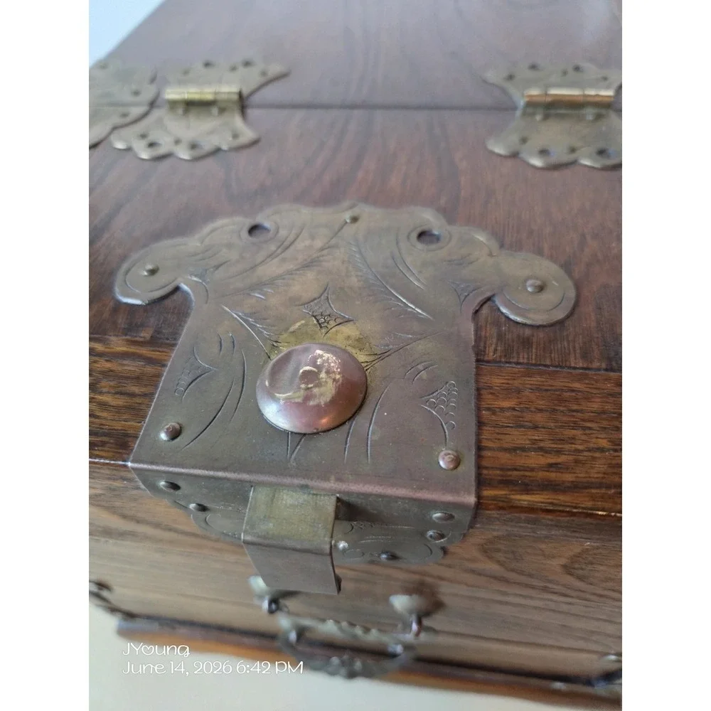 Vintage Antique Travel Jewelry Box Inlaid Mirror Floral Etched Brass Wood *READ*